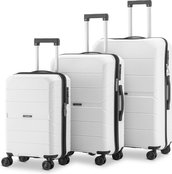 SKYCASES Urban Adventurer - Ensemble de valises - 3 pièces - Serrure à chiffres - 232L - Roues pivotantes - Valise de voyage avec serrure de valise - Léger - Blanc