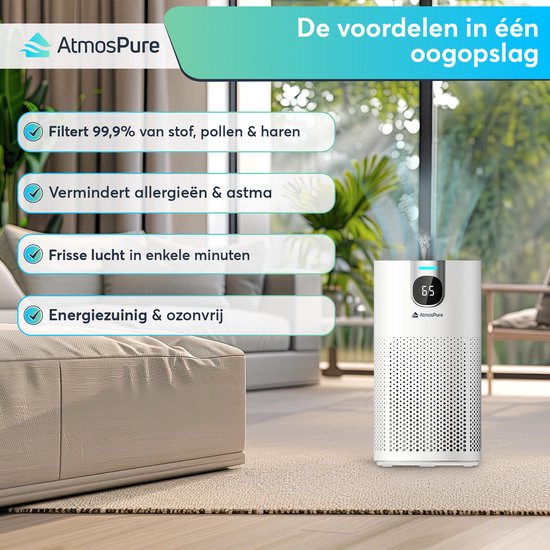 AtmosPure® CleanAir Air Purifier - Purificateur d'air avec filtre HEPA 13 + filtre à charbon remplaçable - CADR 250 m³/h - Blanc - Pour 97 m² - Lutte contre les acariens, le rhume des foins, les allergies, -3 modes + mode sommeil silencieux - Capteur de q