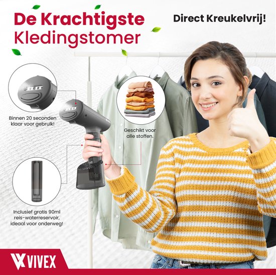 Vivex® Défroisseur à linge - Défroisseur à main pour vêtements et meubles - Défroisseur - Accessoire gratuit + Réservoir supplémentaire