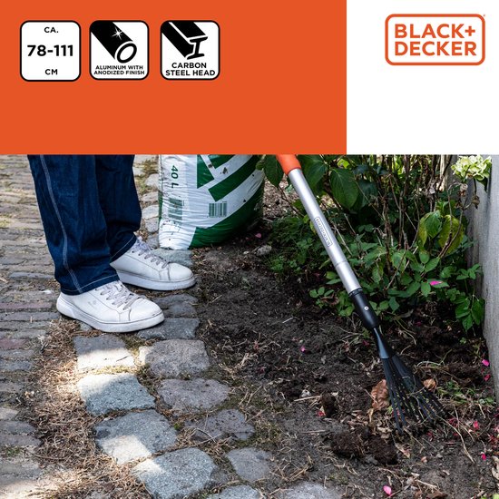 BLACK+DECKER Râteau - Râteau de jardin télescopique - manche extensible de 78 à 111 CM - Râteau à feuilles - Outils de jardin Manche en aluminium et tête en acier carbone - Inox - Argent/Noir