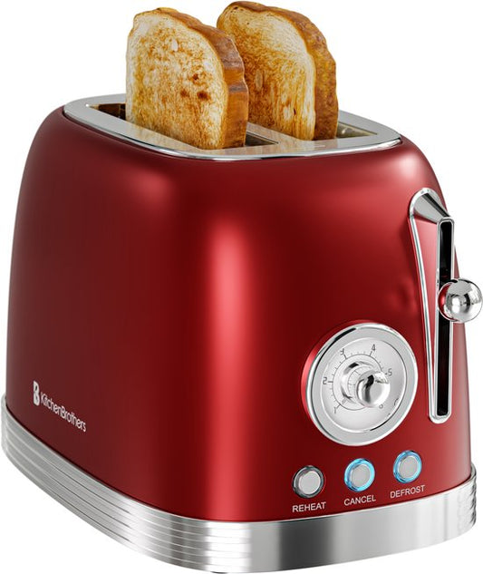 KitchenBrothers Retro Toaster - Grille-pain - 6 niveaux de chaleur - 2 fentes extra-larges - 815W - Rouge