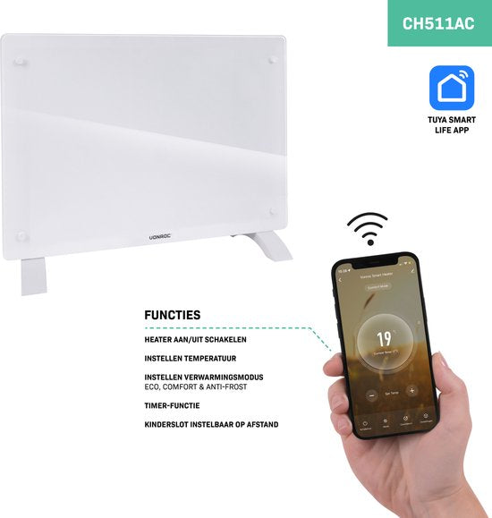 Chauffage électrique - VONROC - Convecteur avec panneau en verre - 750W/1500W - Jusqu'à 18m2 - Contrôlé par l'application (via Wifi) et manuellement - Blanc