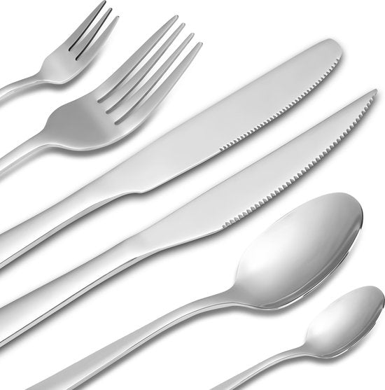 Deleca 8 Person Cutlery Set Essential (48 pieces) - Spoons, Knives, Forks, Steak Knives & Pastry Forks - Dishher Safe Cutlery - Shiny Silver / Stainless Steel