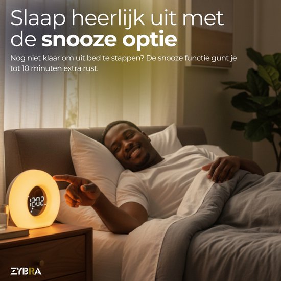 Zybra® Premium Wake Up Light - Réveil numérique - Alarme lumineuse - Veilleuse - Réveil - 20 niveaux de luminosité - 25 sons de bruit blanc - Manuel néerlandais inclus