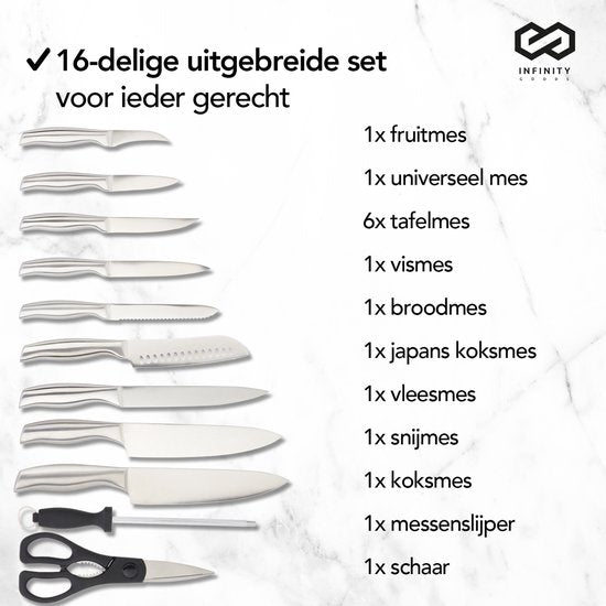 Infinity Goods Set de couteaux - Bloc de couteaux - 16 pièces - avec bloc, aiguiseur de couteaux et ciseaux - résistant aux rayures - acier inoxydable - argent/noir