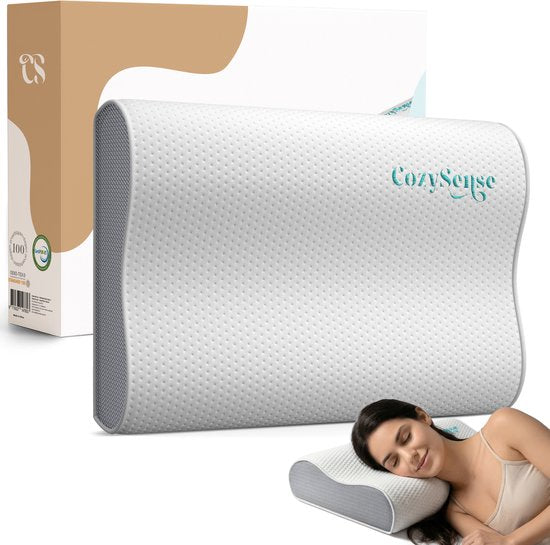 Oreiller CozySense® - Oreiller orthopédique - Oreiller ergonomique - Oreiller de sommeil en mousse à mémoire de forme - Taie d'oreiller et sac de transport inclus - Fermeté douce - pour les dormeurs sur le côté, le ventre et le dos
