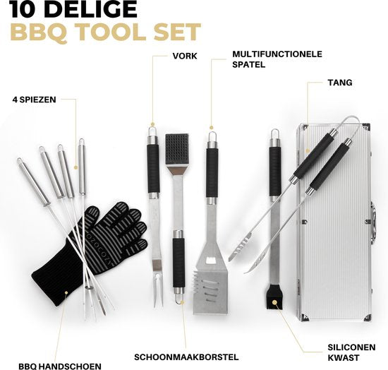 Ozocozy - Accessoires pour barbecue - 10 pièces - Outils pour barbecue - Gants pour barbecue - Boîtier en aluminium - Cadeau pour homme