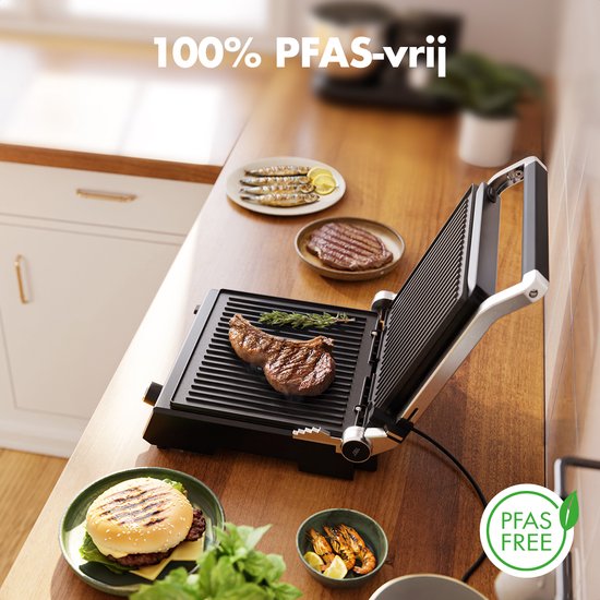 KitchenBrothers Contact Grill Deluxe - Appareil à griller - Plaques de gril amovibles - Gril à panini - 5 réglages de hauteur - 2000W - acier inoxydable