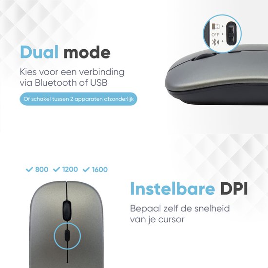 Souris sans fil Trendfield - Souris d'ordinateur rechargeable - Bluetooth - Souris ergonomique avec clic silencieux - Convient à tous les ordinateurs portables - Gris spatial