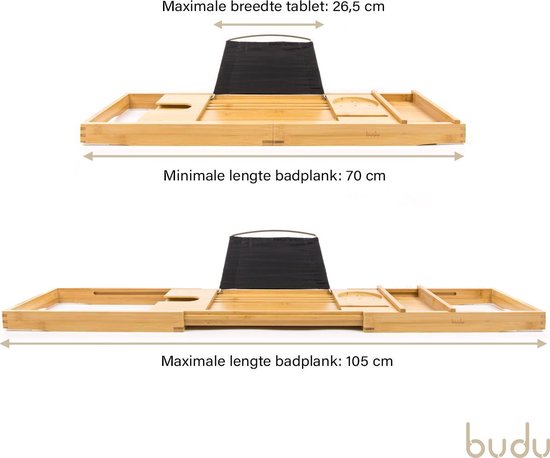 Budu Planche de bain en bambou - Planche de bain en bois - Planche de bain pour le bain - Réglable / Extensible - Support de bain - Support de bain en bambou - 70-105 cm