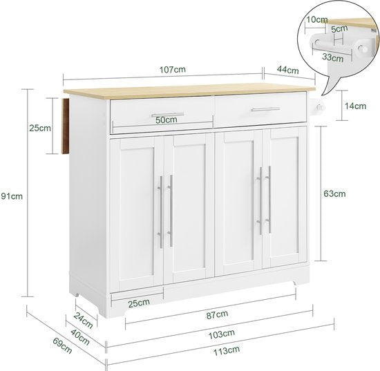 SoBuy FKW129-WN Chariot de cuisine sur roulettes - Ilot de cuisine avec plan de travail coulissant, 2 tiroirs et étagères réglables - Chariot de cuisine mobile ou meuble de table à manger, blanc 113x91x(44-69) cm