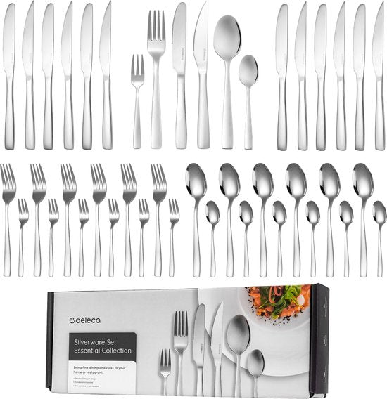 Deleca 6 Person Cutlery Set Essential (36 pieces) - Spoons, Knives, Forks, Steak Knives & Pastry Forks - Coutellerie lavable au lave-vaisselle - Shiny Silver / Stainless Steel
