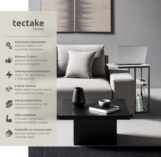 tectake® Table pour ordinateur portable avec station de charge - Prise de courant incluse - Table pour ordinateur en forme de C - Table d'appoint - Table de chevet - Avec porte-journaux et étagère supplémentaire - Blanc