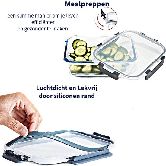 Ceruzo Meal Prep Trays - 5 pièces Plateaux fraîcheur - Verre borosilicaté - hermétique - 21,5 x 16 x H6,6 cm