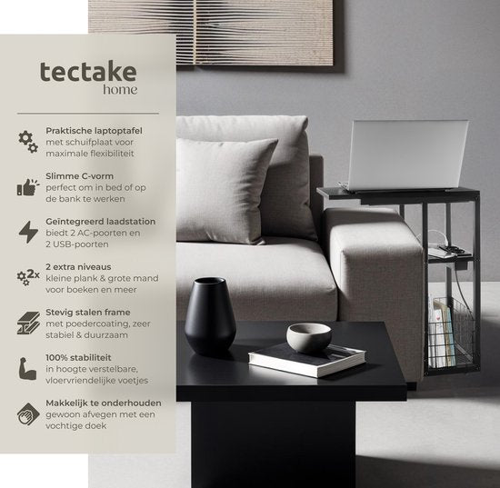 tectake® Table pour ordinateur portable avec station de charge - Prise de courant incluse - Table pour ordinateur en forme de C - Table d'appoint - Table de chevet - Avec porte-journaux et étagère supplémentaire - Noir