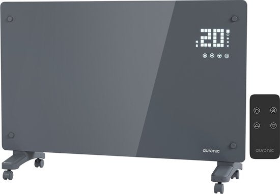 Auronic Electric Heater - Convector Heater with Thermostat and Remote Control - Glass Panel Heater - 2000W Heater - Grey