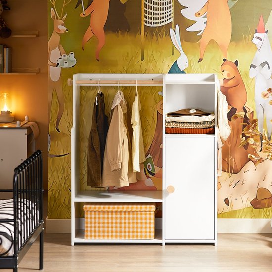 SoBuy Porte-vêtements pour enfants, Armoire avec 2 compartiments et 1 porte, solution de rangement pour chambre d'enfant, Blanc, 94x35x110 cm, KMB110-W