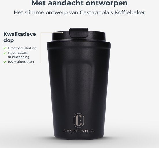 Mug thermos Castagnola - Tasse à café à emporter - Mug de voyage pour le café et le thé - Mug à thé - 380 ML - acier inoxydable - Noir