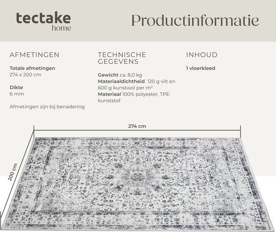 tectake - Tapis design vintage - tapis à poils ras - Aliya - 200cm x 274cm - gris