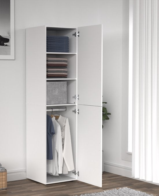 Armoire étroite haute - étagères et penderie - blanc