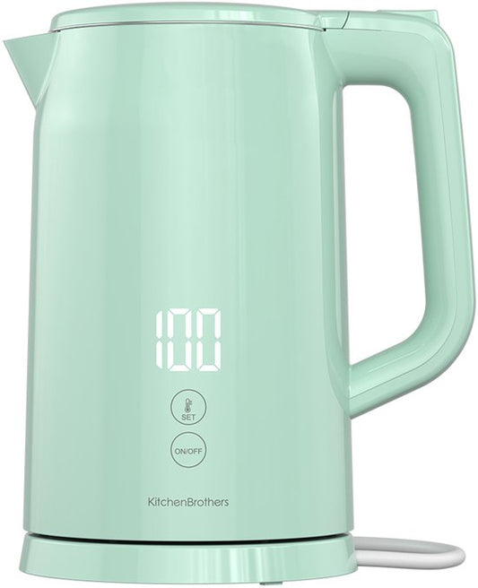 KitchenBrothers Bouilloire - 1,7L - Avec contrôle de la température - Électrique - Fonction maintien au chaud - Affichage - Double paroi - Cool-touch - 2200W - Vert pastel