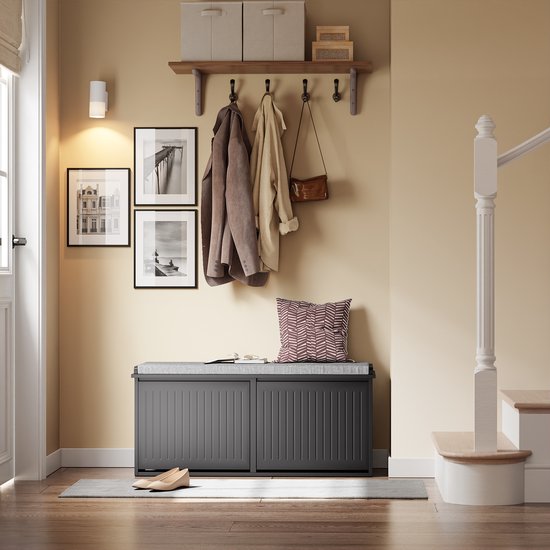 SoBuy Banc à chaussures avec coussin rembourré - Meuble à chaussures avec 2 abattants - Meuble de rangement pour chaussures - Noir, 100x26x46 cm, FSR98-XL-SCH