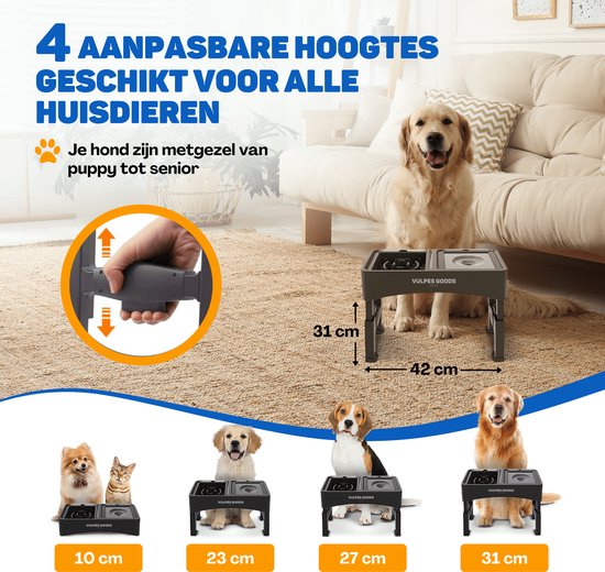 Vulpes Goods® Pets - Bol à nourriture pour chien avec support - Bol à boire pour chien anti-éclaboussures - Bol anti-mâchouillement pour chien - Bol à nourriture surélevé - 4 hauteurs - Mangeur lent - Double - Noir