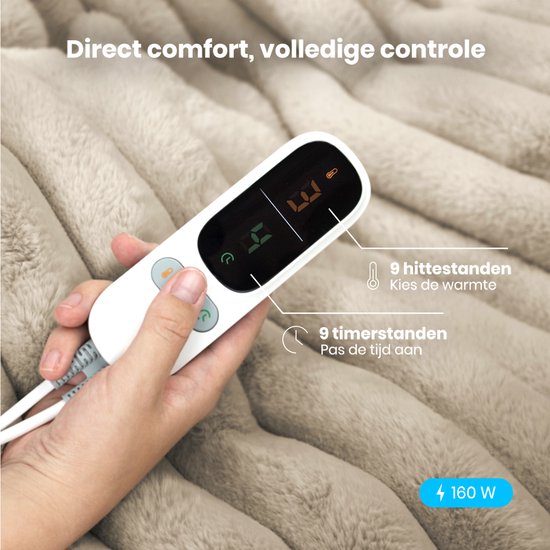 Couverture électrique Auronic - 200 x 180cm - 2 personnes - Couverture chauffante - 3 niveaux de chaleur - Peluche - Couverture chauffante - Taupe