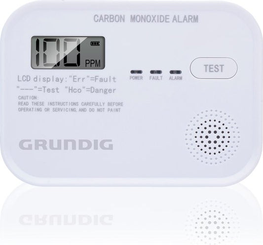 Détecteur de CO Grundig - Détecteur de monoxyde de carbone avec batterie de 10 ans - Compteur de CO avec écran LCD, alarme de niveau de batterie faible et alarme d'erreur de capteur - Détecteur de Co2 avec alarme 85dB - Montage mural - Blanc