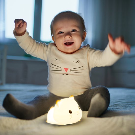 Vulpes Goods® Veilleuse pour enfants - Lumière LED et 8 couleurs - Veilleuse pour chambre de bébé - Chat - Rechargeable par USB - Variateur - Minuteur - Sans fil - Adapté aux enfants