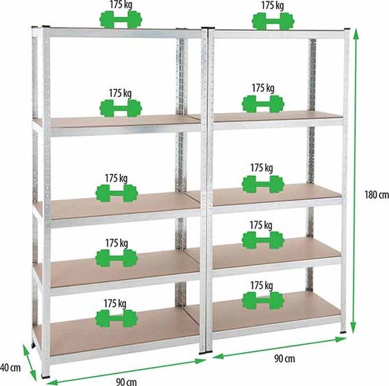 2x Profeco Heavy Duty storage rack 180x90 cm - étagère en acier inoxydable - 10 étagères - Capacité 175 kg par étagère - Armoire de rangement garage & remise
