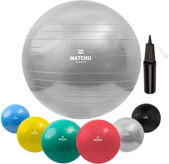 Matchu Sports - Ballon de fitness - Ballon de Pilates - Anti Burst - Ballon de grossesse - Ballon de gym - Ballon pour s'asseoir - Pompe incluse - Ø 75cm - Argent - 300 KG chargeable