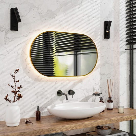 Mirlux Miroir de salle de bain avec éclairage LED et chauffage - Miroir mural ovale - Cadre doré - 90x50CM