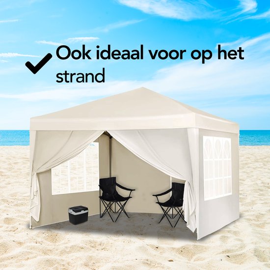 Brixy Party Tent - Pliable - Facile à monter - 3x3m - Imperméable - Pavillon avec parois latérales - Sac de transport inclus - Crème