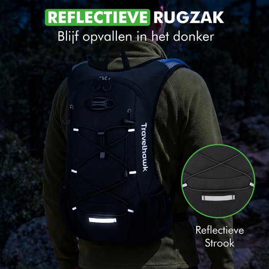 Travelhawk Sac à dos pour boire - Sac à dos de course à pied - Convient aux sacs à eau de 2L - Hydrofuge, léger, réfléchissant - 12L - Noir