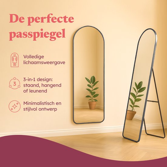 Fraay Pass Mirror 160x55cm - Standing & Hanging - Minimalist Wall Mirror - Standing Mirror - Black Matt