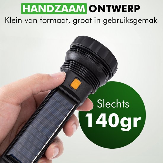 Travelhawk Flashlight - Lampe de poche Led - Lampe de poche militaire - Lampe de poche à batterie - 1000 Lumens - Panneau solaire - Étanche - Noir