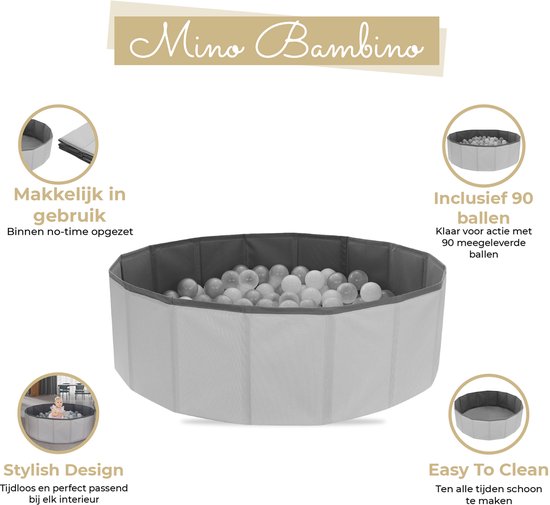 Mino Bambino Plateau à balles pliable - Contient 90 balles pour enfant - Gris