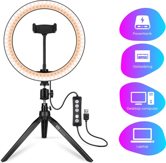 Studio ME Lampe annulaire multicolore avec trépied - 10 pouces/25 cm - Lampe RVB - Lampe annulaire avec trépied - Bluetooth - Support de téléphone - Télécommande - USB - Lampe TikTok - Lampe annulaire
