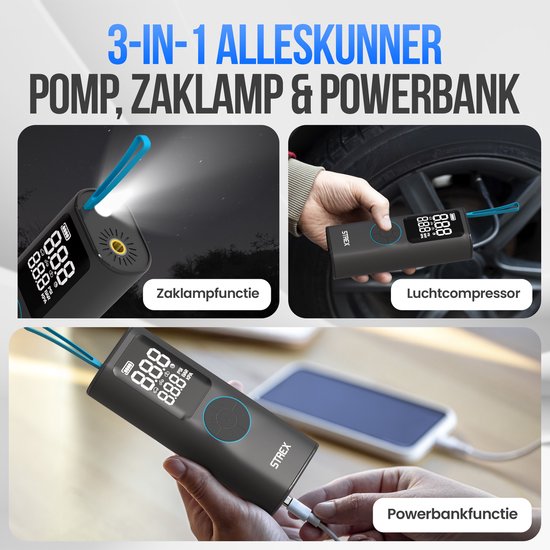 Pompe à pneu électrique Strex - Mini-compresseur sans fil 3-en-1 - voiture, vélo, scooter, ballon et matelas pneumatique - jusqu'à 10,5 bar / 150 PSI - 30L/min - 8000 mAh Powerbank & Flashlight