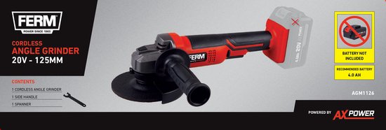 FERM - AX-POWER - AGM1126 - Batterie - Meuleuse d'angle - 125 mm - 20Volt - 8000t/min - Softgrip - Poignée latérale à deux endroits - Capuchon de protection réglable - Interrupteur de sécurité - Sans batterie et sans chargeur - Convient à la plate-forme d