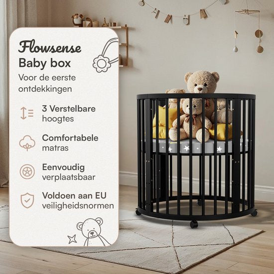 Flowsense Baby Box - Parc pour enfants rond - Parc pour enfants - Avec matelas - Hauteurs réglables - Roulettes - Noir