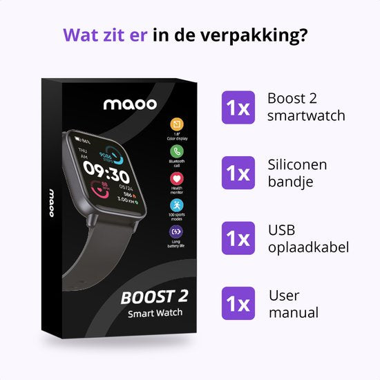 Maoo Boost 2 Smartwatch Femmes et Hommes - Convient pour Whatsapp et Belfonction complète - Android & iOS - Montre sport - Fréquence cardiaque, Saturation sanguine, Moniteur de sommeil - Podomètre, Compteur de calories - Étanche - Noir