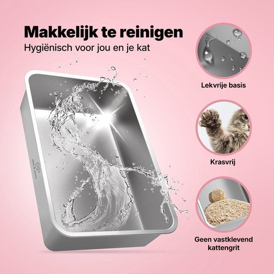 Jake and Jacky Stainless Steel Litter Box Hop In - Toilette pour chat en acier inoxydable - avec pelle à litière et support et marche de ramassage des gravillons - entrée par le haut - bac à litière ouvert 3 en 1 avec couvercle amovible - 60x40x38cm