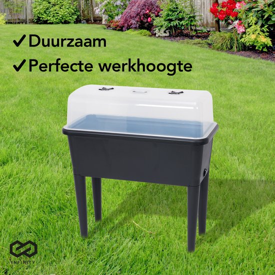 Infinity Goods Growing Table On Legs XXL - Jardinière - Rectangulaire - 76 x 37 x 85 cm - 70L - Extérieur Intérieur - Couvercle - Noir