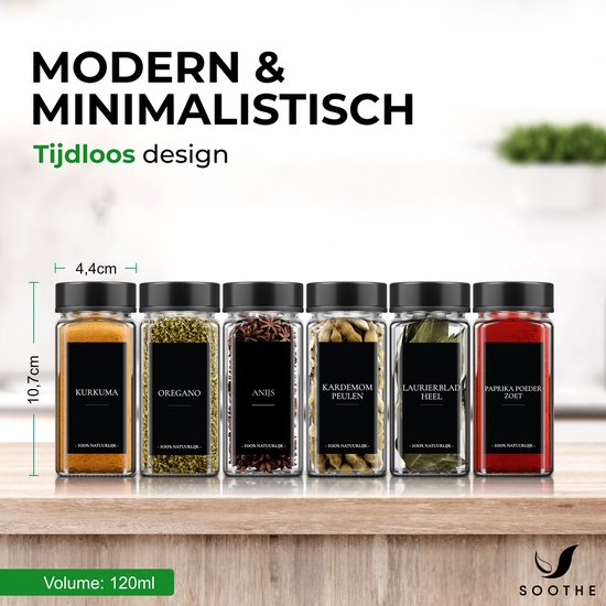 Soothe 24 pots à épices en verre carrés avec couvercle noir - 2 types de couvercles à saupoudrer - Spice Spreader - Pots à épices - Set complet avec stickers à épices, stick à craie et accessoires - 120ml