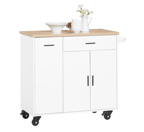 SoBuy îlot de cuisine avec 2 tiroirs et 2 portes - Meuble de cuisine multifonction, blanc, 105 x 46 x 92 cm, FKW126-WN