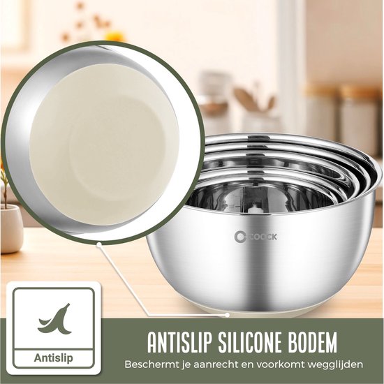 COOCK inox - Set de bols à mélanger avec couvercle - Bols à frire avec couvercle - Bol de stockage avec râpe - Bol pour salades et mélanges - Set de 22 pièces de 1,5 à 5 litres - Beige - Cuillères à mesurer incluses