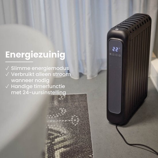 QLT Electric Heater with App Control, Thermostat and Timer - Convector heater - Oil-free Radiator with Wheels and Wall Option - Up to 20m² - Black