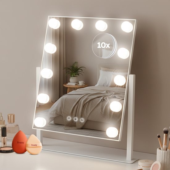 Fraay® Hollywood Mirror with Lighting 41x30cm - 3 Light Stages - Make-up Mirror with 10x Magnification Mirror - LED Lighting Dimmable - Incl. Beauty Blenders and Powder puff